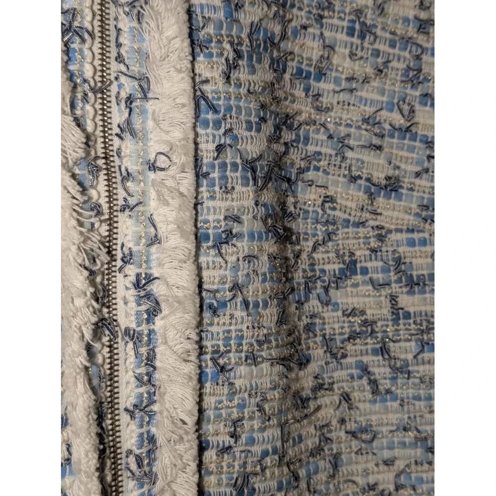 Leggiadro Blue White Boucle Tweed‎ Jacket Fringe Trim Silk Lined Size 2
